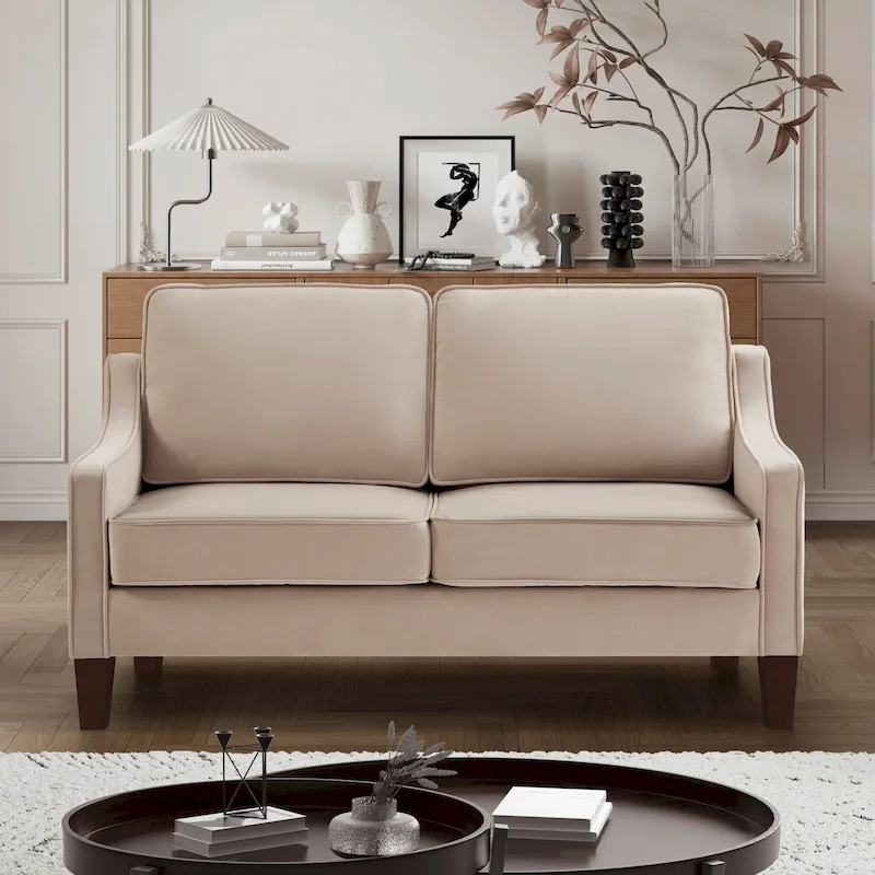 Modern Velvet Loveseat Sofa with Wooden Legs – Taupe / Black / Navy, 2-Person Use