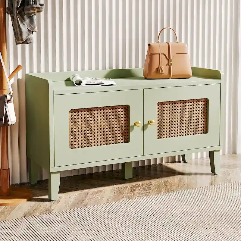 Green 2-Door Rattan Shoe Cabinet Bench for 1