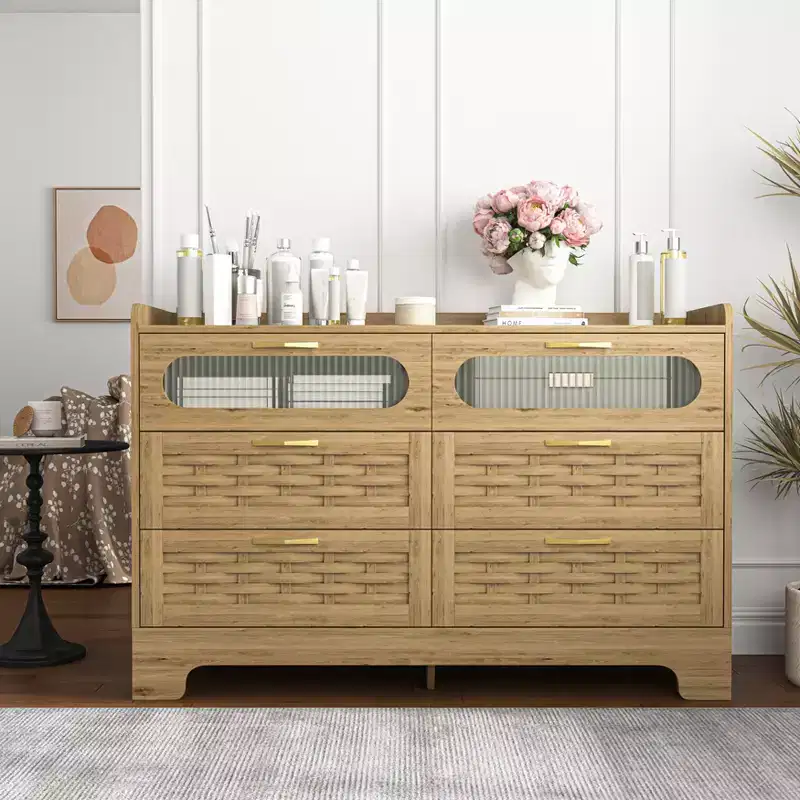 Farmhouse Double Dresser with 6 Drawers and Gold Handles, 47.24