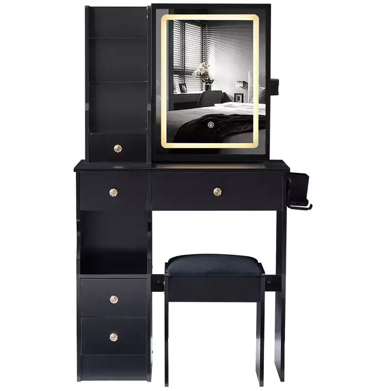 Makeup Vanity Desk with Mirror and Lights, Small Makeup Table Set with Drawers & Cabinet, Dressing Table with Stool & Power Outlet for Bedroom