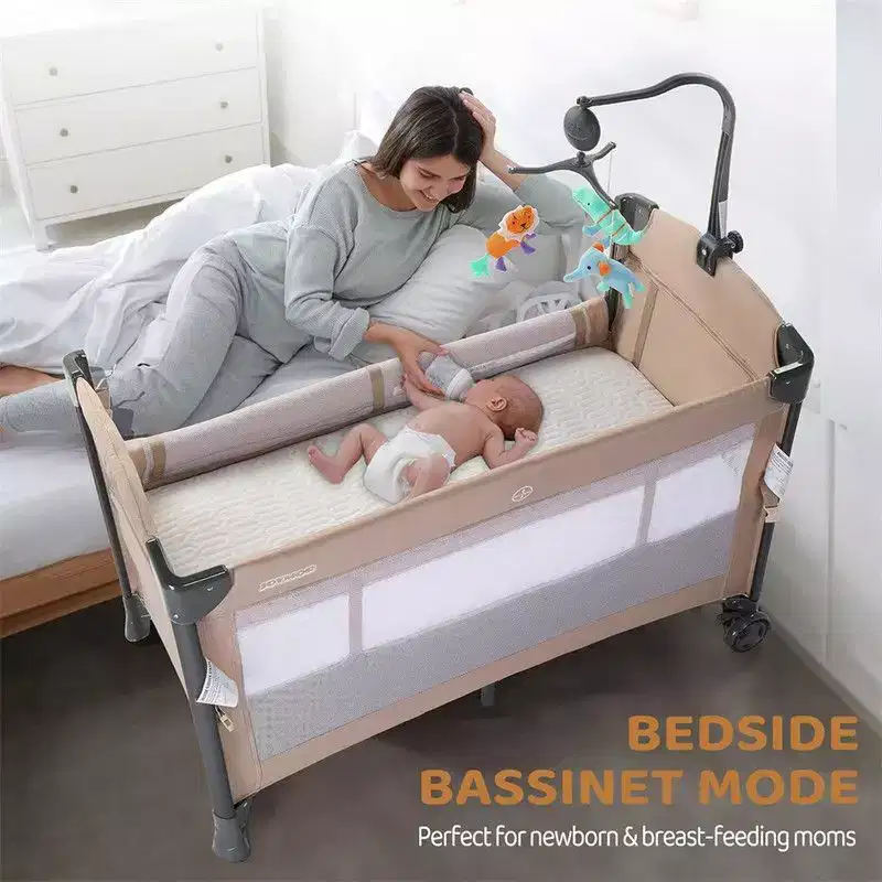 Karl Home 3 In 1 Baby Bassinets Crib Bedside Sleeper in Beige With Mattress And Sheet