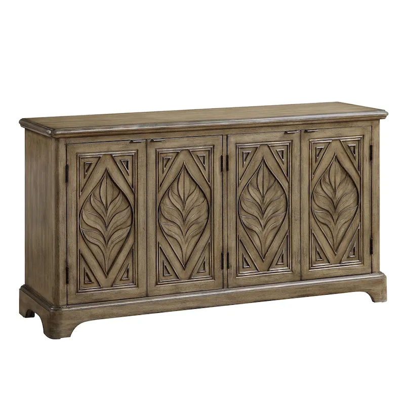 Traditional Console Table with 4 Carved Leaf Motif Doors and Plinth Base – Oak Brown, 1-Unit