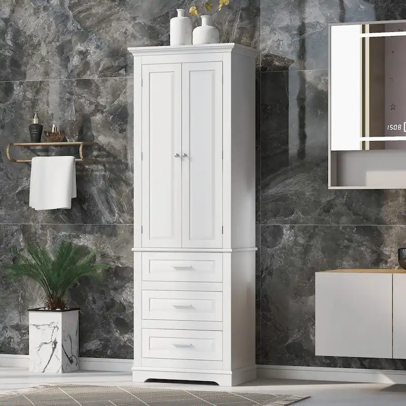 Tall Storage Cabinet with 3 Drawers and 2 Doors, White
