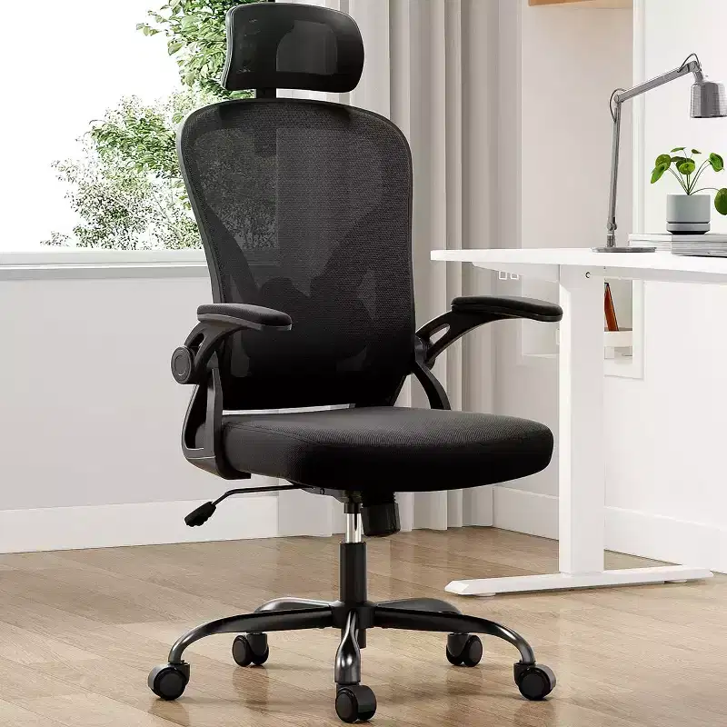 Desk Chair with Wheels, Office Chair with Flip-Up Arms, Adjustable Headrest&Lumbar Support for Office, Study, Reading Room