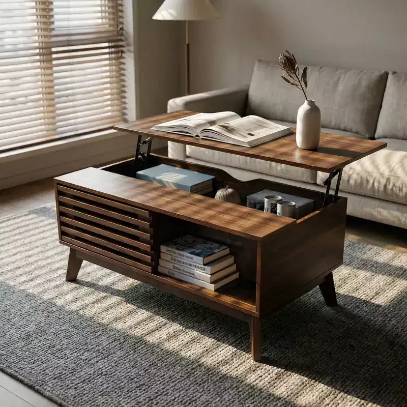 Modern Wooden Lift Top Coffee Table with Slatted Sliding Door and Hidden Storage