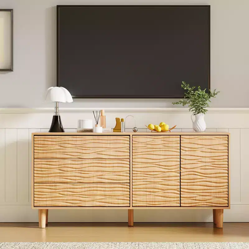 Mid Century 61 Sideboard Buffet Cabinet, Large Kitchen Storage Cabinet with Undulating Groove Design, 3 Drawers, 2 Doors & Adjustable Shelf