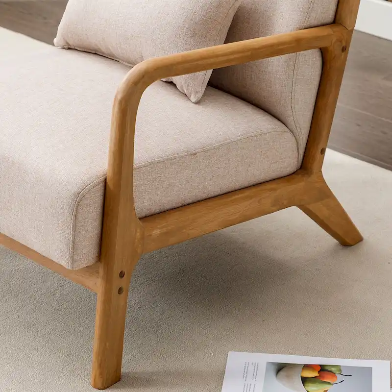 Upholstered Linen Blend Accent Chair with Wooden Legs and One Pillow