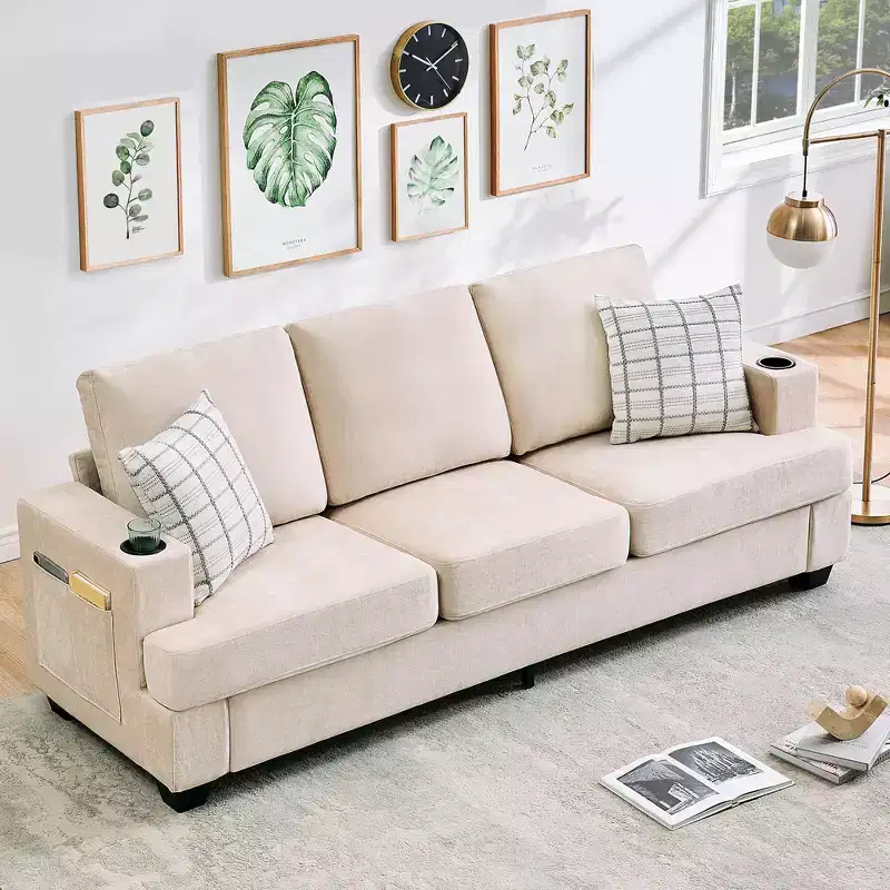 89 Chenille 3-Seater Sofa with Cup Holders & Storage Pockets - Deep Seat Living Room Couch for Small Spaces