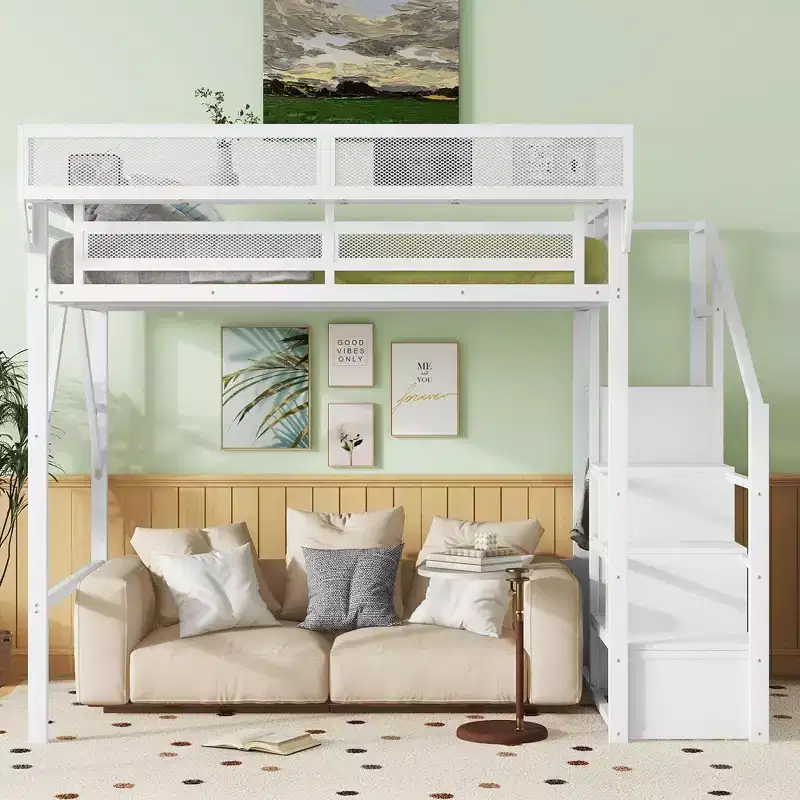White Metal Full Size Loft Bed with Stairs Storage Shelves and High Loft Bed with Wardrobe for Kids Teens