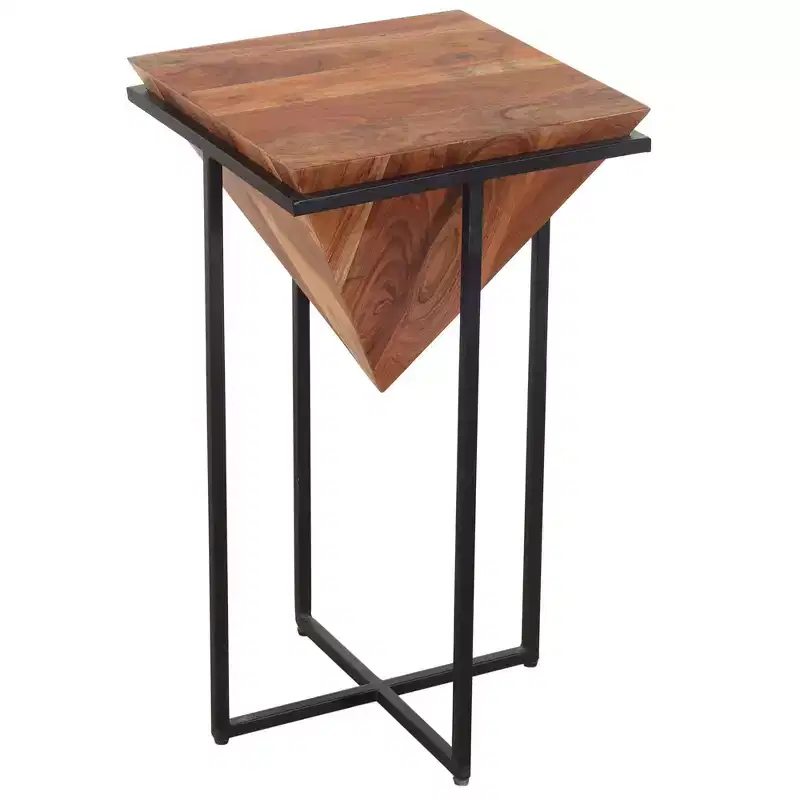 The Urban Port 26" Pyramid Shape Wooden Side Table with Cross Metal Base Brown/Black