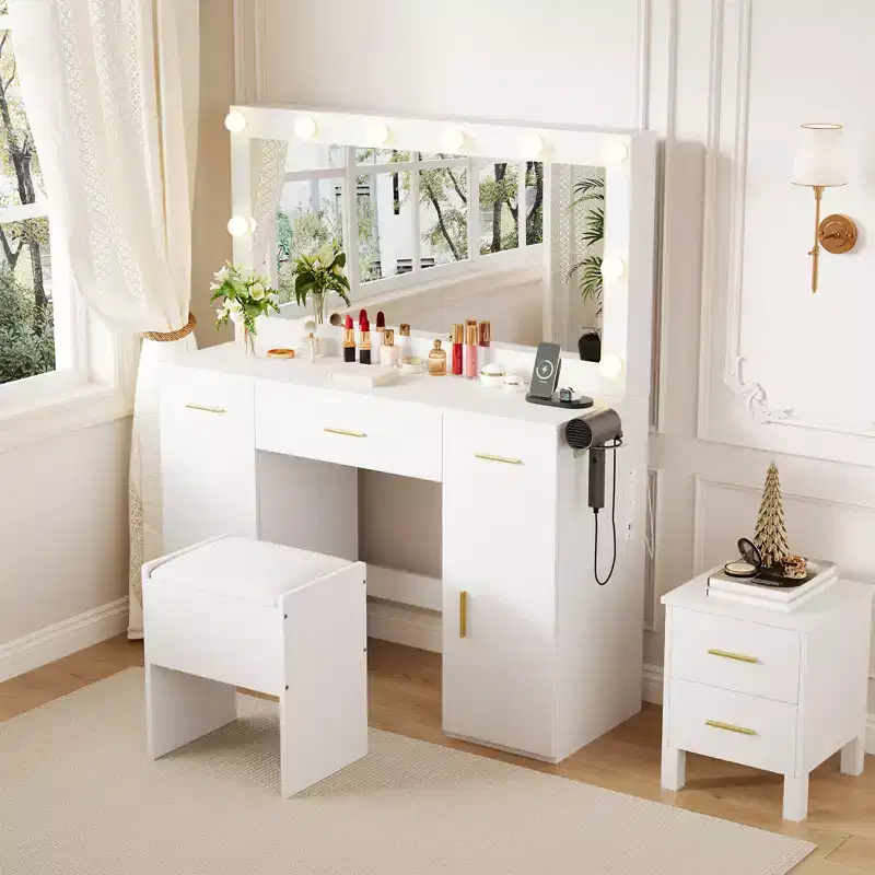 Vanity Desk Set with Large Lighted Mirror, 3 Drawers & 2 Cabinets, Built-in Hair Dryer Rack Storage Stool, Dressing Table for Bedroom