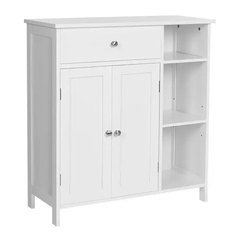 VASAGLE Cabinet Floor Cabinet, Freestanding Storage Cabinet with Drawer, 3 Open Compartments, Adjustable Shelves,Matte White