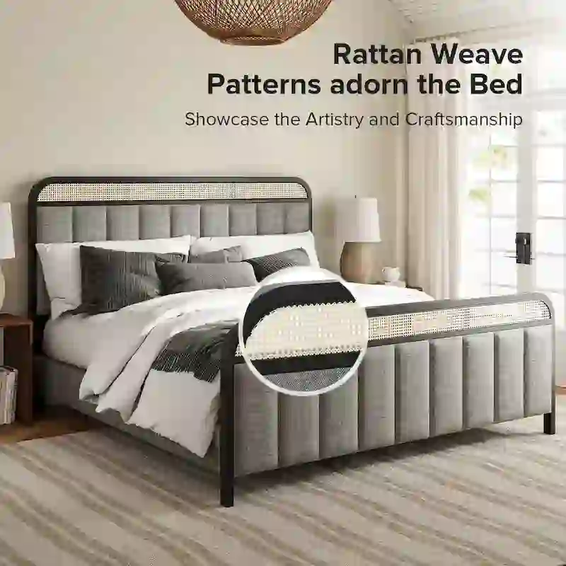 Alphons Modern Solid Wood Frame Ratten Bed with LED Headboard by HULALA HOME