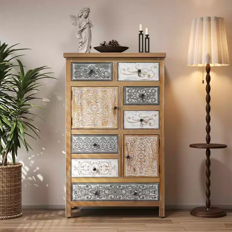 Vintage Wooden Accent Chest with 6 Drawers and 2 Cabinets, Rustic Multicolor Carved Storage Dresser for Living Room