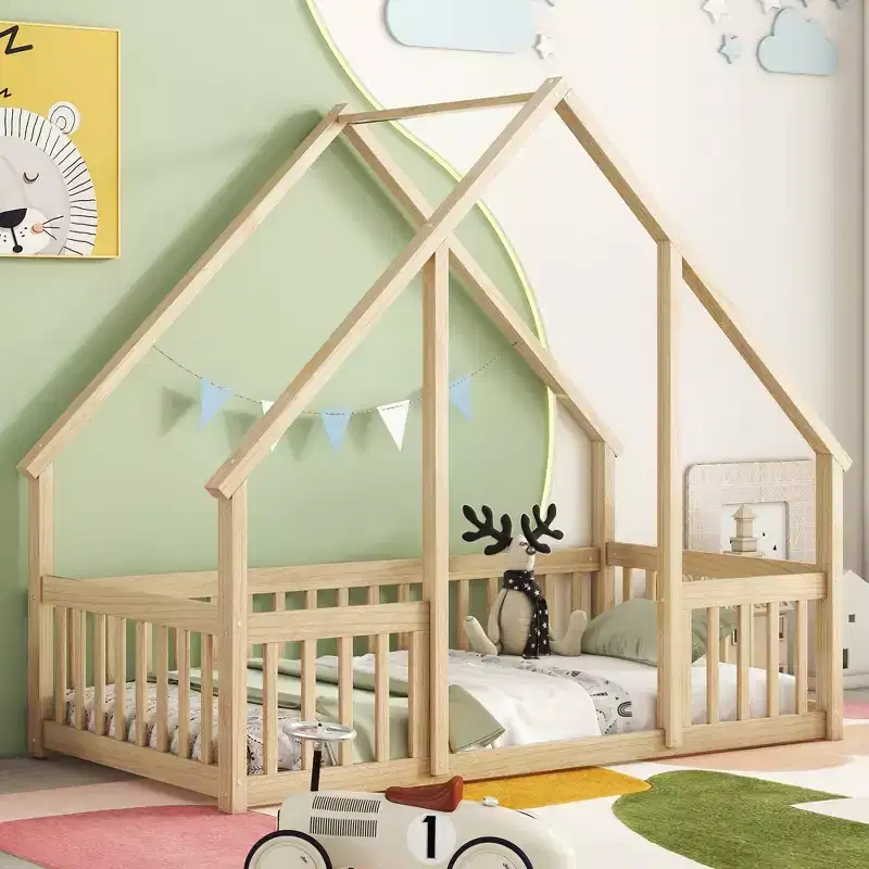 MAYEERTY Twin Wood House-shaped Floor Bed with Fence, Guardrails Beige