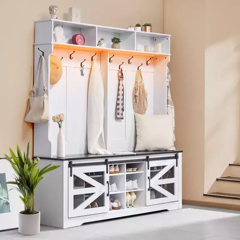 VEVOR Hall Tree Entryway Bench,Coat Rack with Shoe Storage, 59 Wide Mudroom bench with Storage and Seating, Adjustable Shelves and 12 Hanging Hooks