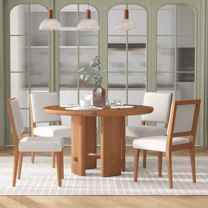 GDFStudio Katte 5 Piece Dining Table Set with Round Solid Wood Dining Table and Upholstered Chairs