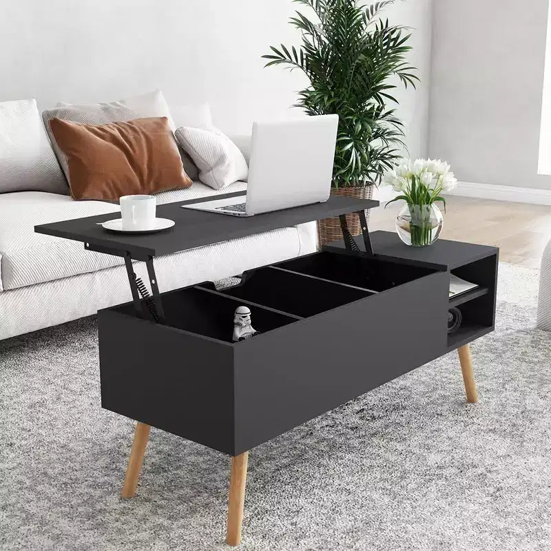 Light Gray Lift-top Coffee Table with Solid Wood Legs Hidden Compartment & Adjustable Storage Shelves