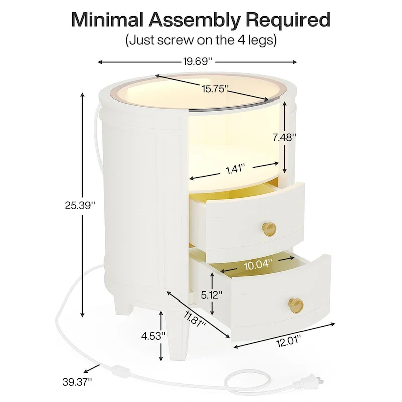 Round Nightstand with 2 Drawers, LED Light and Open Shelf – 25.5 Inch Tall