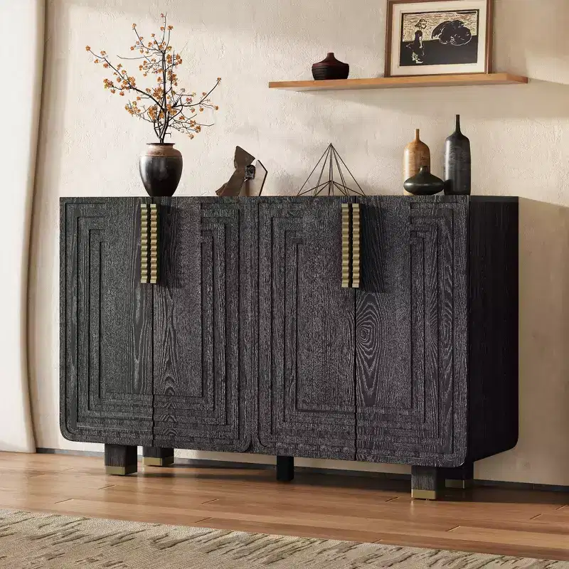 54-Inch Vintage-Style Sideboard with Storage, 4-Door Vintage Recessed Sideboard with Adjustable Shelves, Suitable for Dining Room, Kitchen