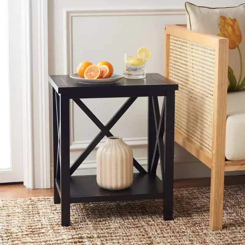 Cross Back End Table with Open X Detail and Lower Shelf, White Wood