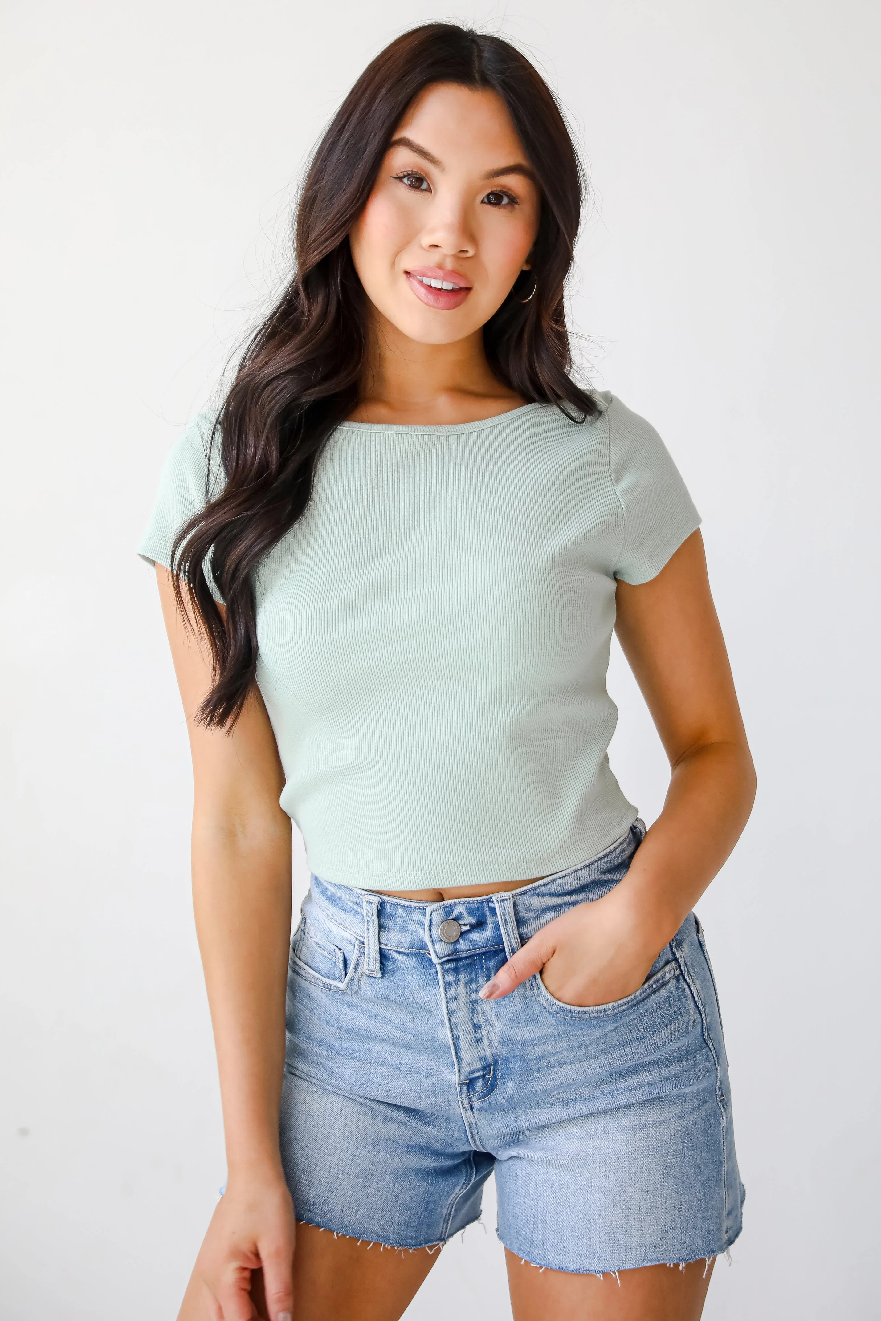 Wide Neck Short Sleeve Ribbed Crop Tee
