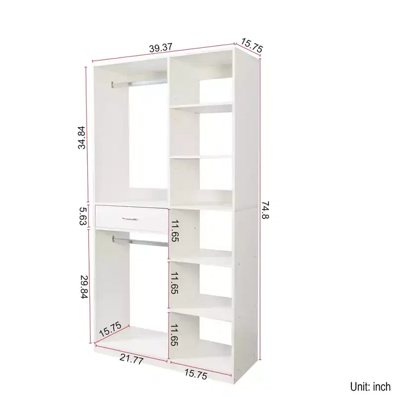 Freestanding Closet System, Standalone Wardrobe with 6 Open Shelves, Wood Walk-in Closet, White