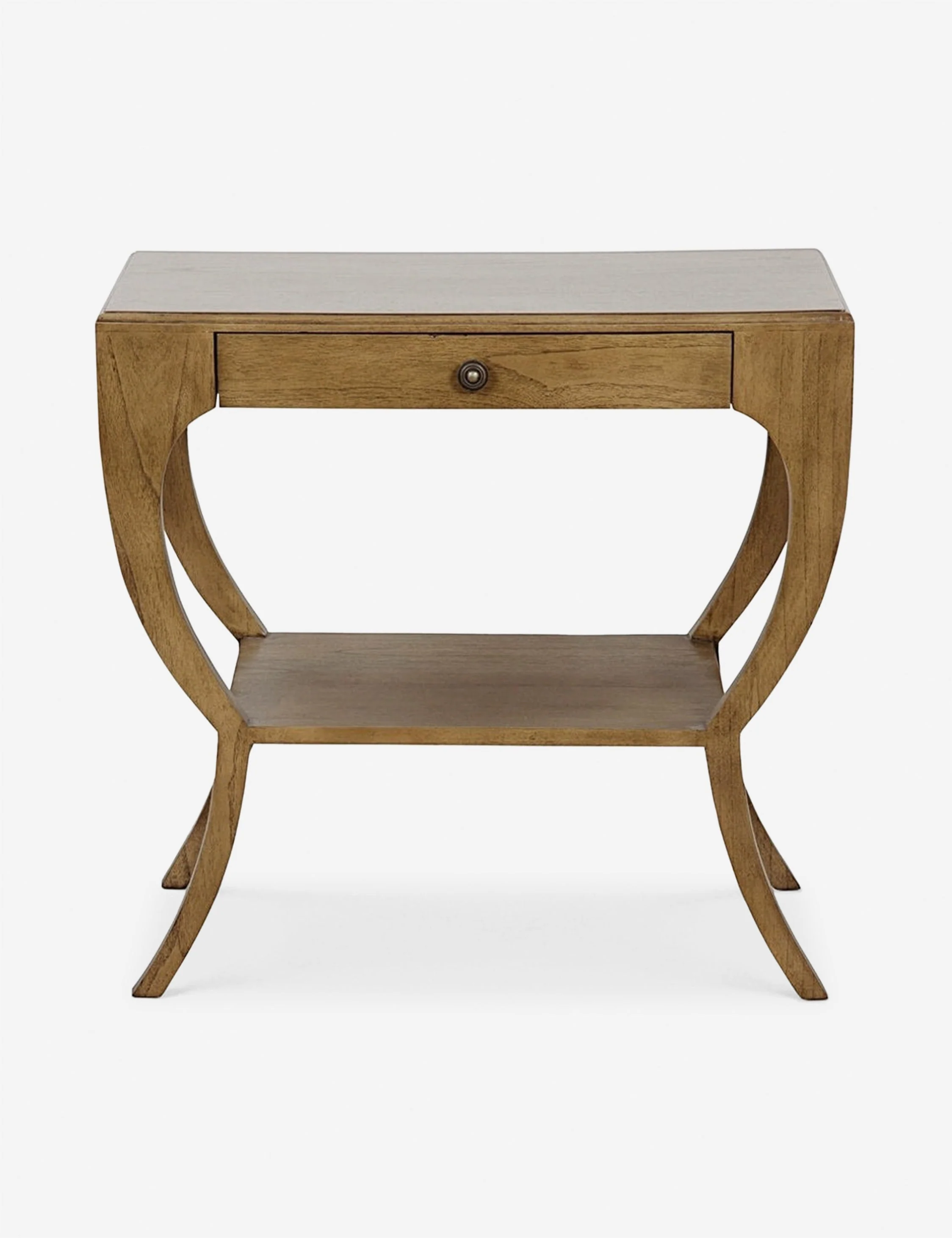 Nightstand Gorgeous curves and a medium saddle brown stain bring a rustic elegance to this nightstand. Designed with a drawer and lower shelf for