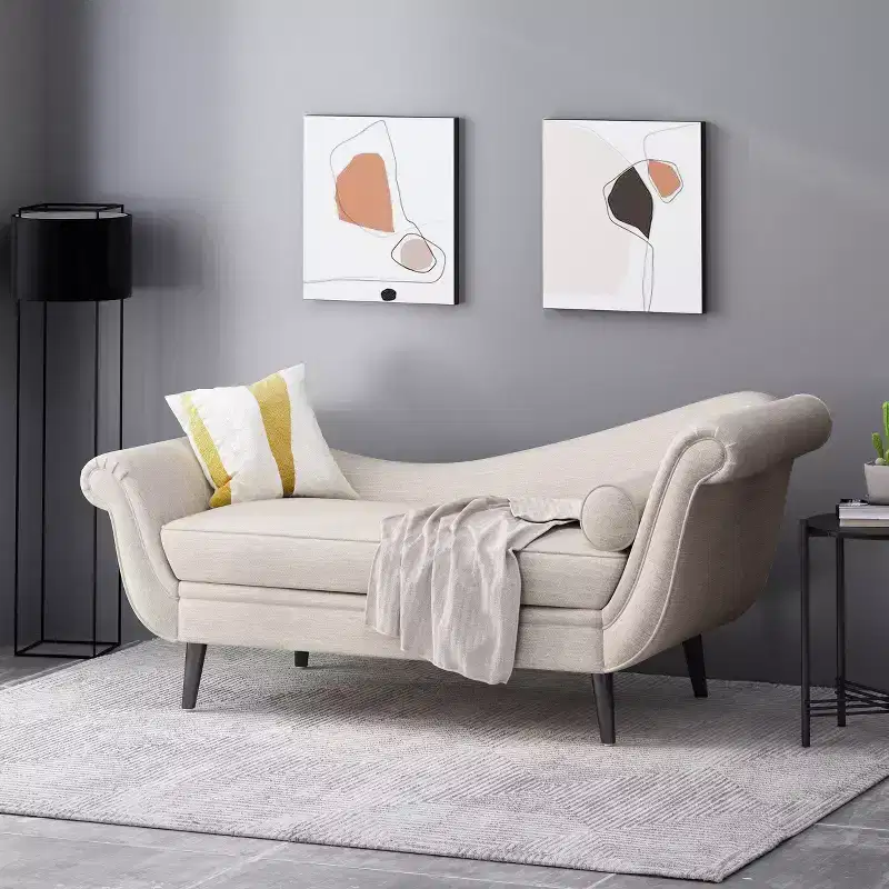 Contemporary Chaise Lounge with Scroll Arms and Tapered Legs