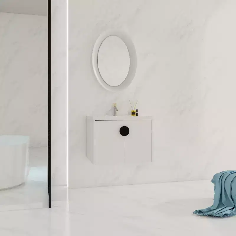 Modern bathroom vanity with ceramic sink, soft-close doors, and scratch-resistant glossy white finish.