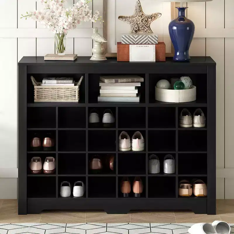 Modern 24 Shoe Cubby Console,Freestanding Shoe Cabinet Storage,Wooden Shoe Rack Organizer with Curved Base for Entryway Hallway Living Room