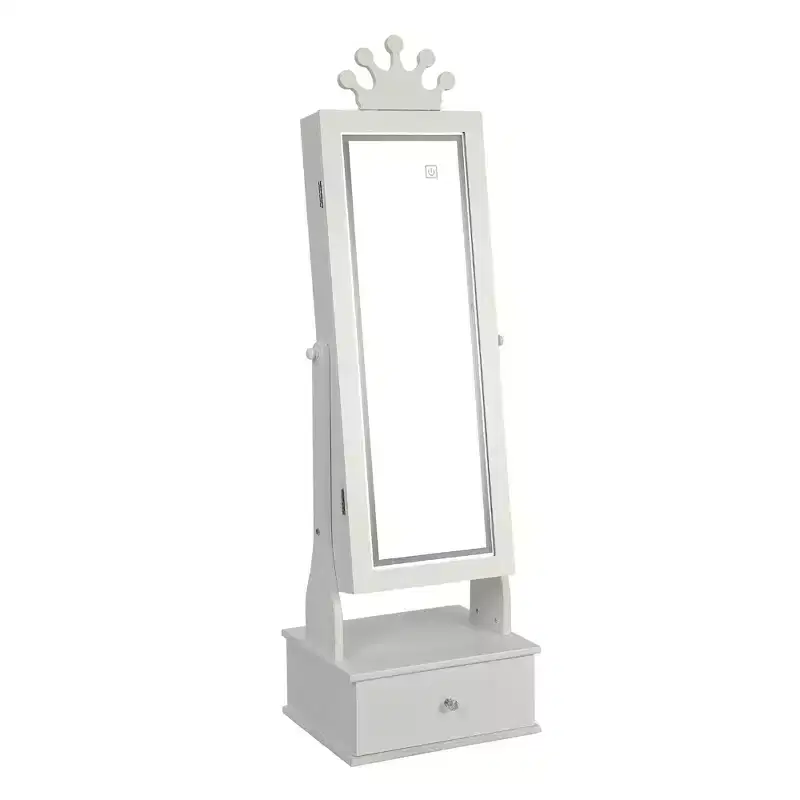 Kids Jewelry Armoire Cabinet With Full-Length Mirror, 46 Freestanding Jewelry Organizer With Storage Drawers, Kids Vanity Dress Up Jewelry Cabinet