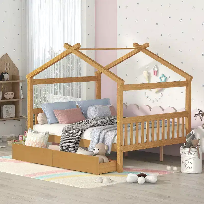 Twin/Full Size Wooden House Bed with 2 Storage Drawers - Montessori Daybed Frame with Roof