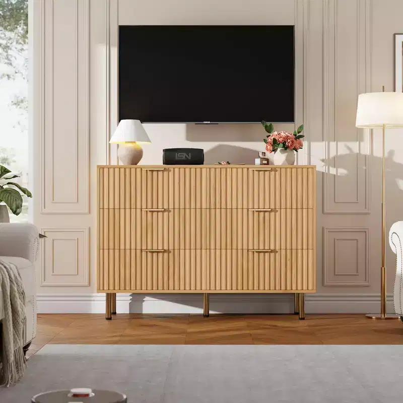 White / Black / Gray / Green Fluted 6-Drawer Wood Dresser