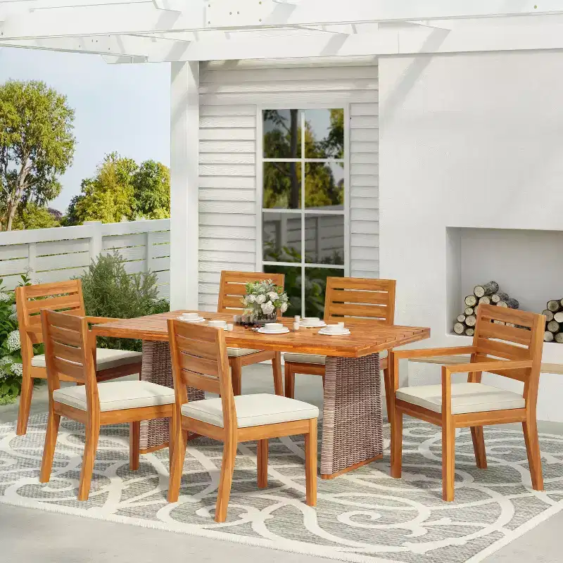 Christopher Knight Home Juliette Rustic 7 Piece Outdoor Rattan Acacia Wood Slatted Dining Set with Cushions