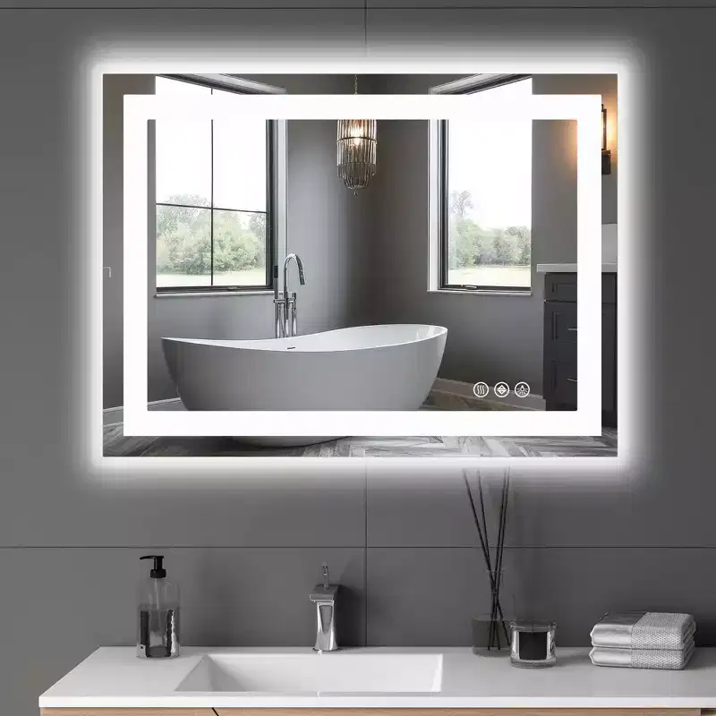 Okak Anti-fog LED Bathroom Mirror with 2 Light Source & 3 Lighting Modes Anti-Rust Wall Mirror for Bathroom, Living Room, Bedroom, Silver