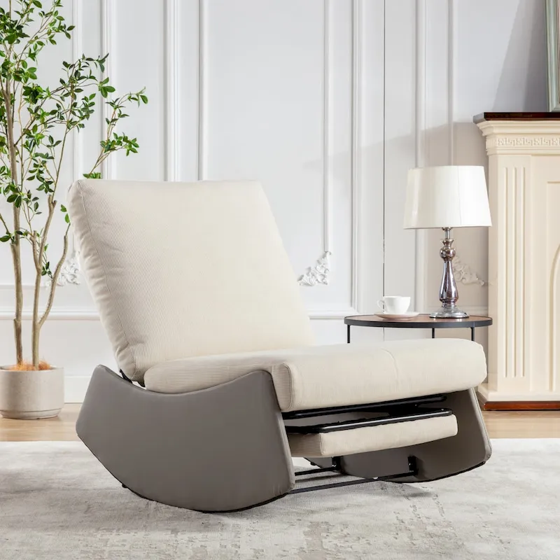 Corduroy Rocker Recliner with Footrest and PU Leather Leg