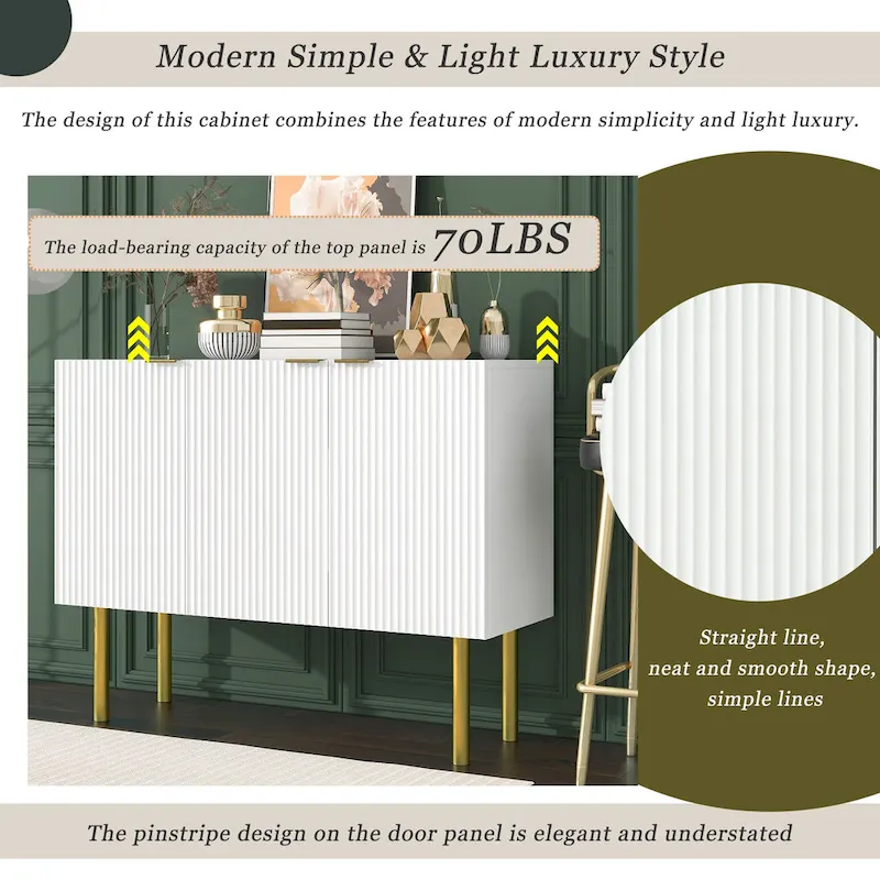Sideboard Cabinet with Gold Metal Legs, Handles and Adjustable Shelves - 47L x 16.5W x 35.5H
