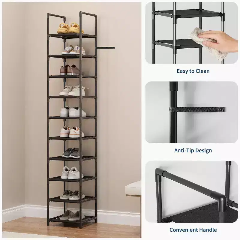 10 Tier Metal Shoe Rack, Tall Space Saving Shoe Organizer with Removable Fabric Shelves for Closet, Entryway, Bedroom