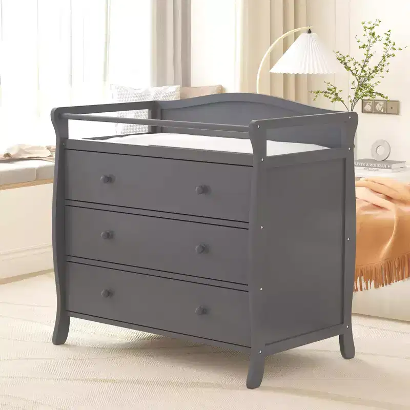 Wooden Baby Changing Table Dresser C Grey, with 3 Drawers, Safety Rails & Strap for Nursery/Bedroom
