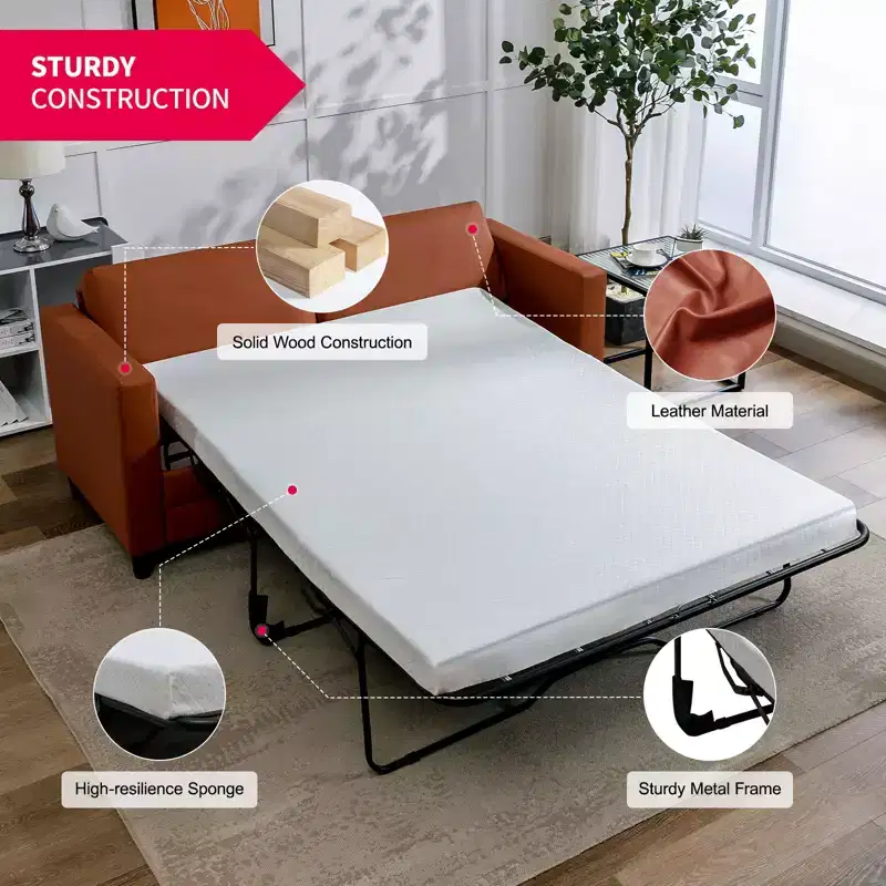 Mjkone Loveseat Sofa Bed, Leather 2-in-1 Sleeper Sofa With Foldable Mattress, Pull out 2-Seater Couch Bed With Metal Frame For Small Space