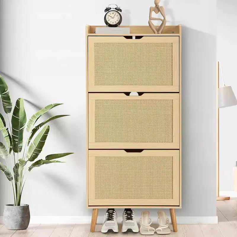 Slim Shoe Storage Cabinet with Doors - Space-Saving Narrow Organizer for Entryway, Closet & Bedroom, Modern Rattan Shoe Rack