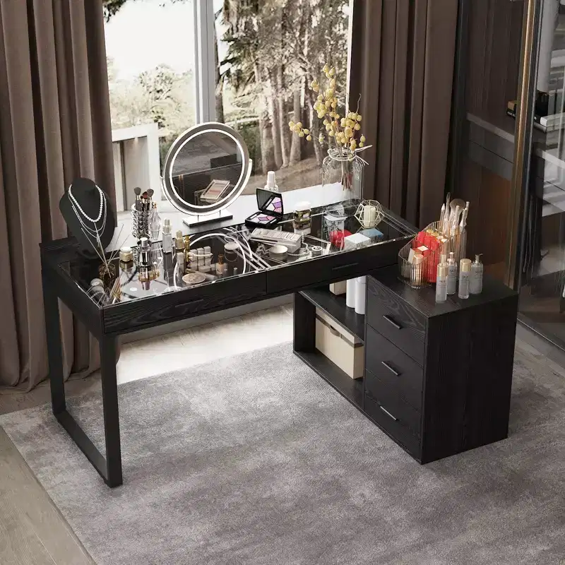 Famapy Black L-Shaped Desk with Glass Top Writing Table Top Reversible Vanity Desk Computer Desk