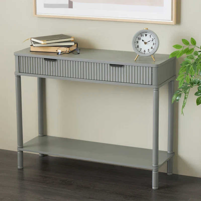 Handmade 2-Drawer Console Table – Grey, Ribbed Front, Black Handles, Fixed Shelf, Single