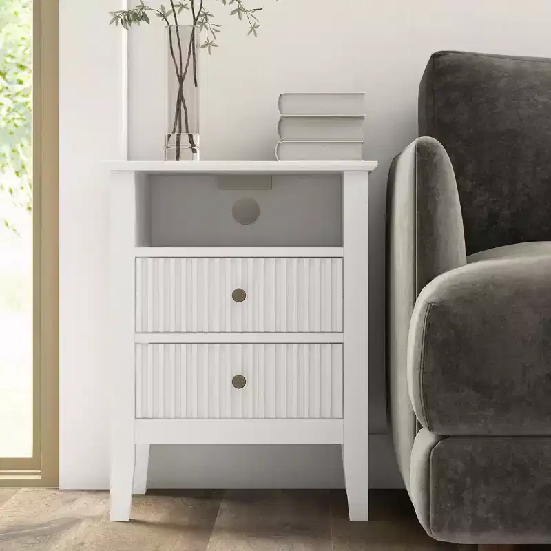 Fluted Nightstand with Charging Station, End Table with 2 Silent Slide Drawers & Storage Shelf, Ideal for Living Room, Bedroom