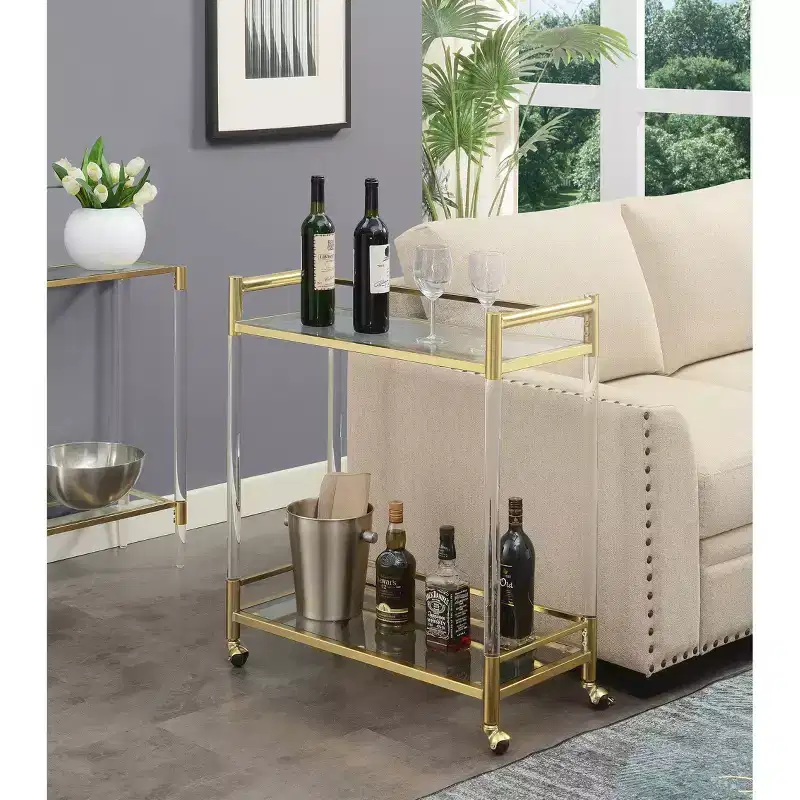 Royal Crest 2 Tier Acrylic Glass Bar Cart Gold/Glass - Breighton Home: Tempered Shelves, Swivel Wheels