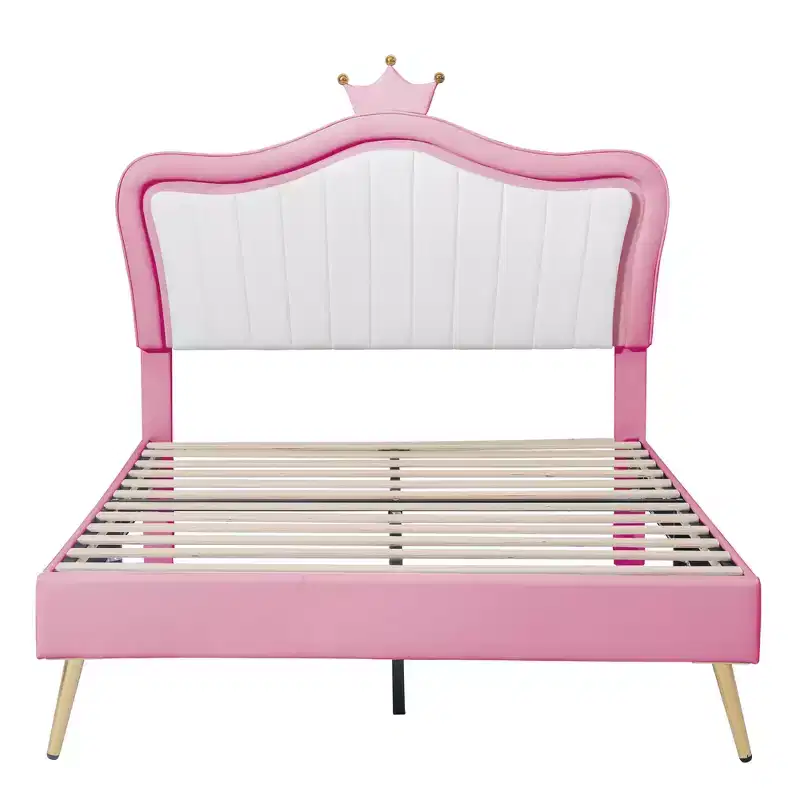 Crown Headboard Full Size Princess Bed for Girls,Upholstered Full Bed Frame with LED Lights for Kids,Pink