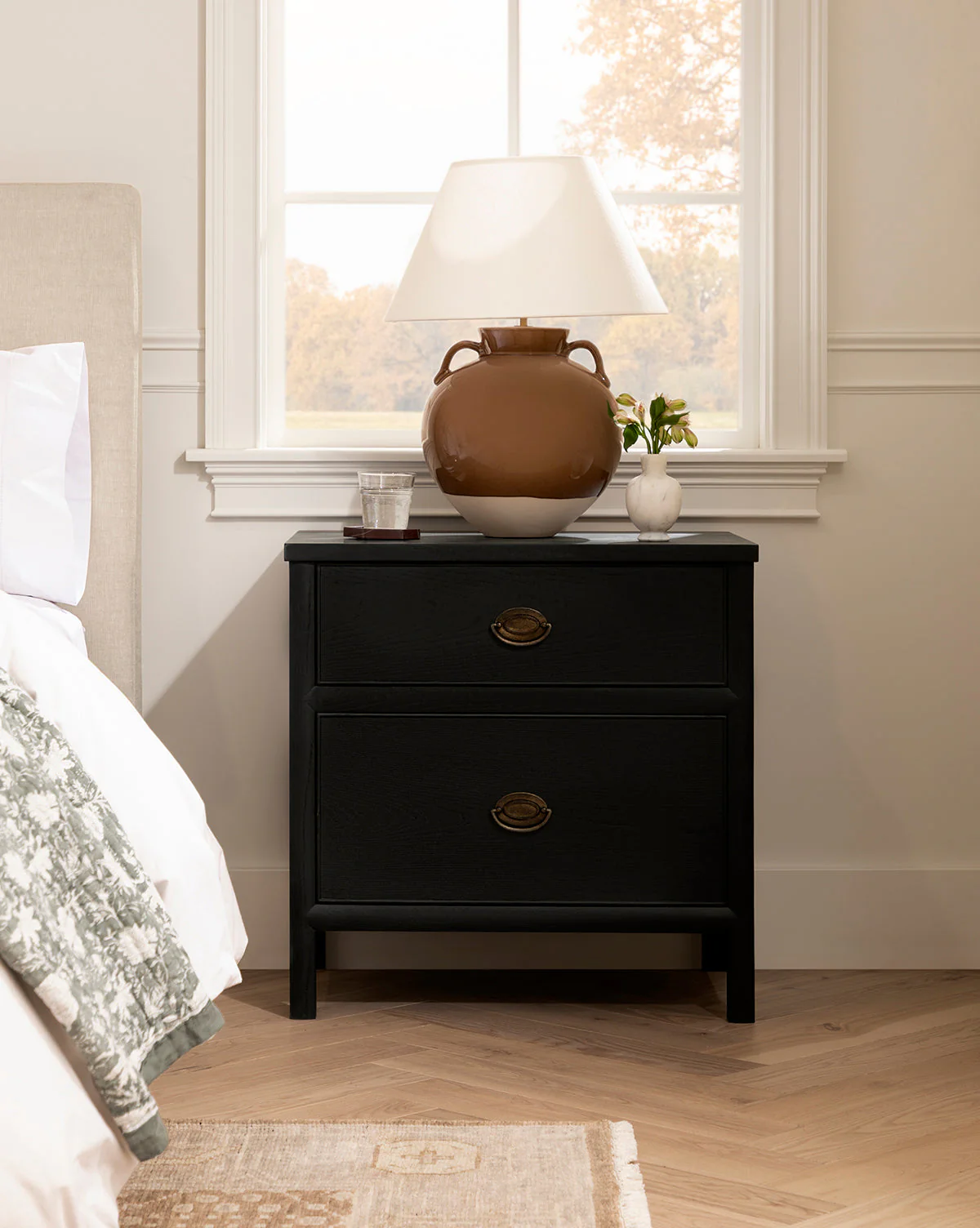 Modern Black Ash Nightstand with Brass Hardware & Spacious Drawer for Bedroom