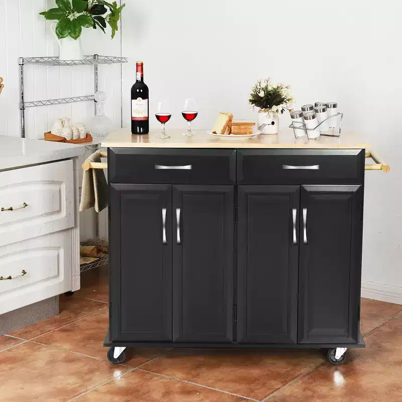 Rolling Kitchen Trolley Island Cart with Wood Top, Storage Cabinet and Drawers, Black