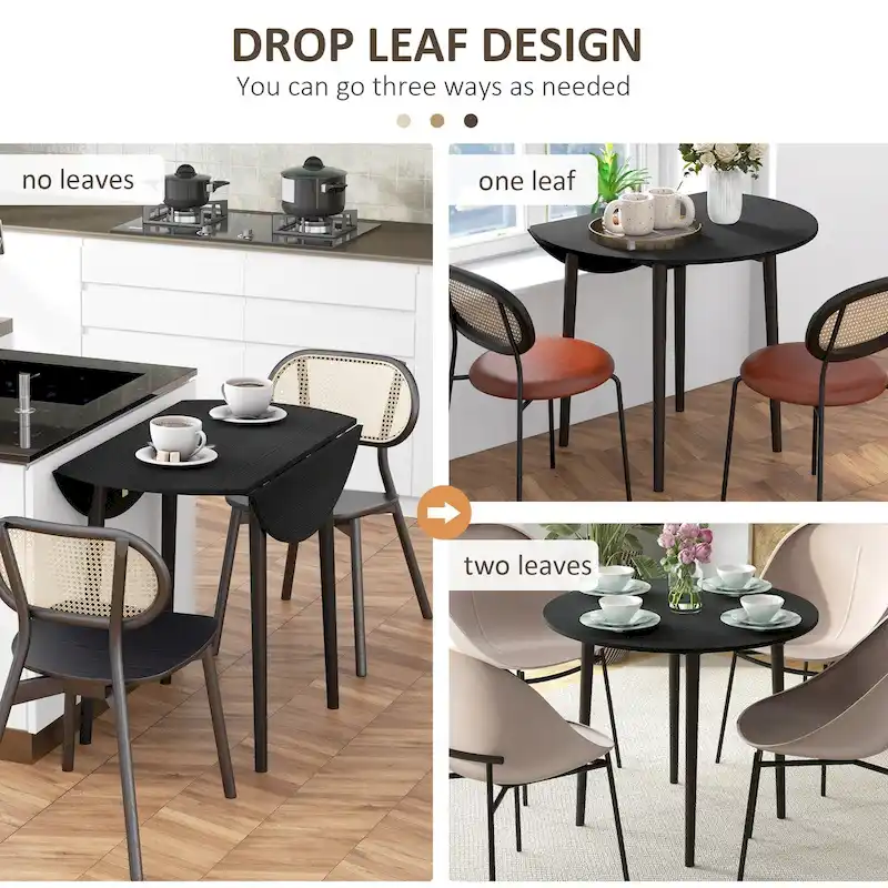35in Round Folding Dining Table, Collapsible Drop Leaf, Solid Wood Legs, Space-Saving Small Kitchen